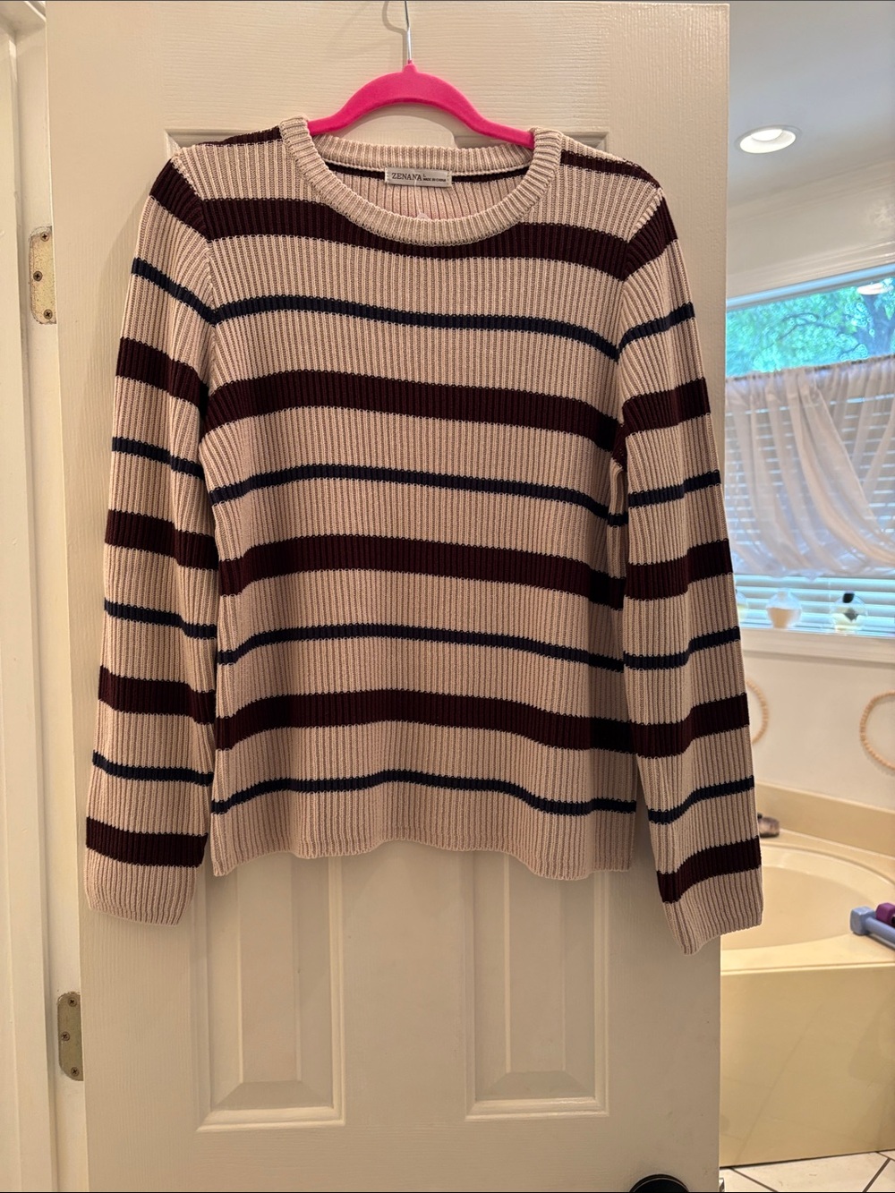 Zenana Outfitters Cream Crewneck Sweater with Navy and Brown Stripes